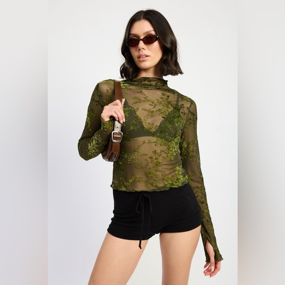 161B. Floral Mesh Long Sleeve Top - Mocha - Picture 5 of 6